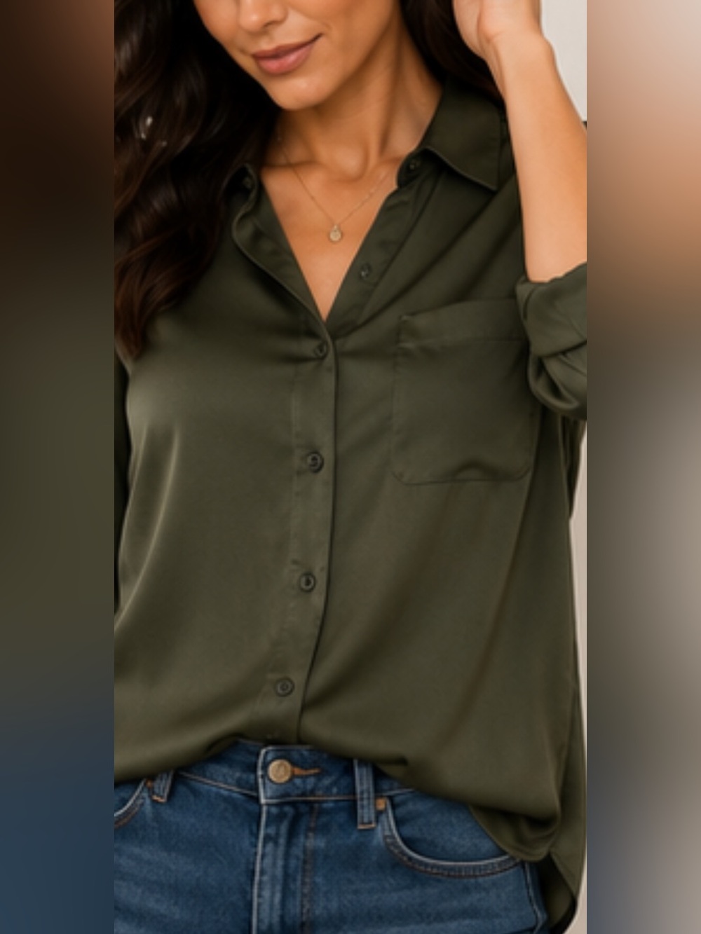 Pleione Olive Green Satin Blouse Women Medium Roll Tab Sleeve Utility Shirt